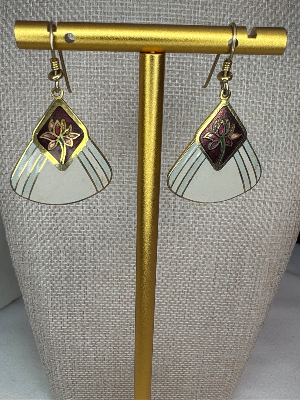 Laurel Burch Gold-Tone White & Burgundy Floral Fan Earrings